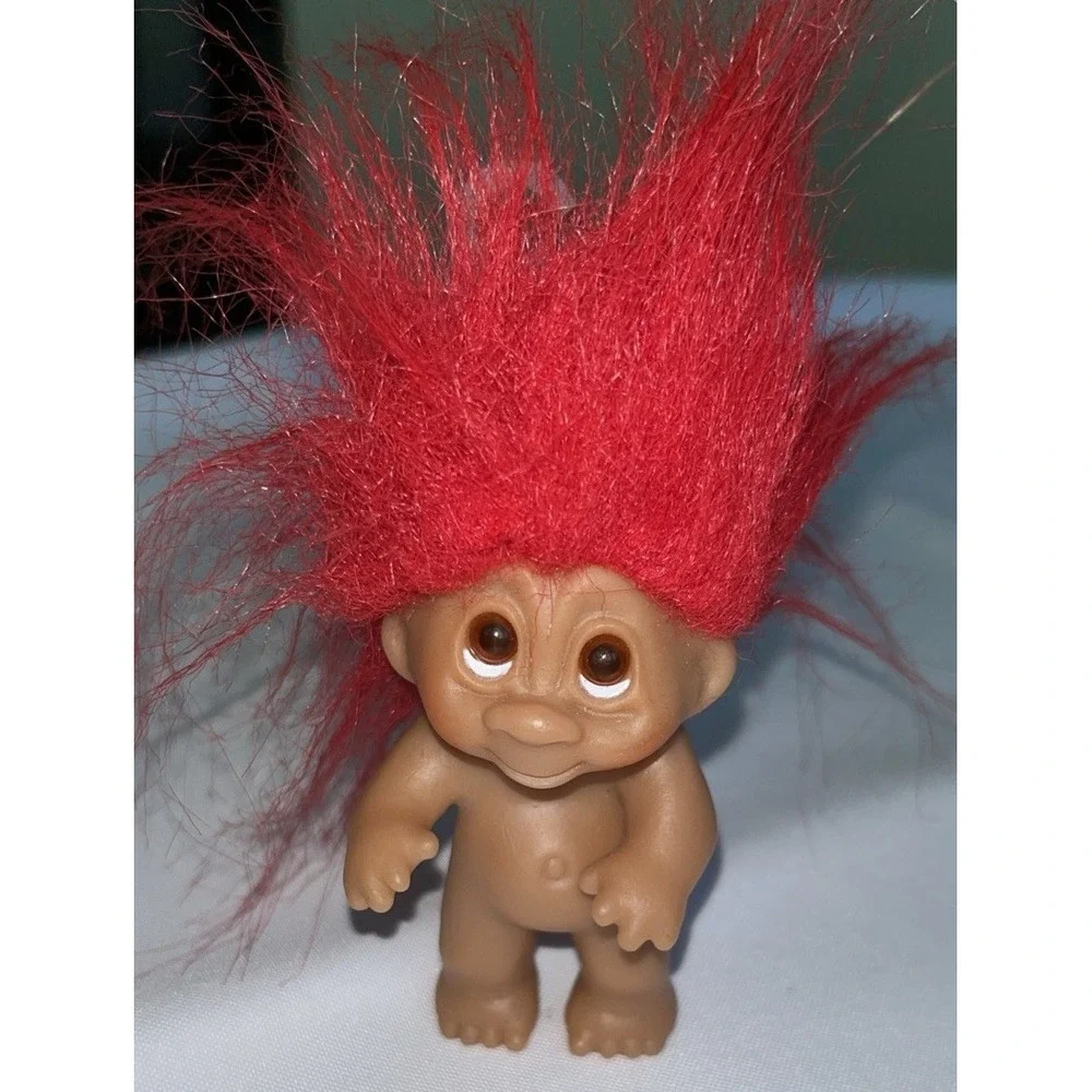 Vintage 1985 DAN Troll Doll 3' Red Hair Amber Eyes No Clothes Plastic Tag Loop